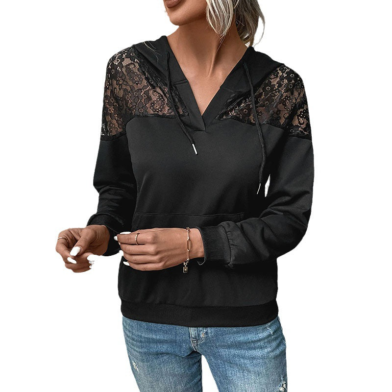 Damen Kapuzenpullover mit Spitzen‑Einsatz und V‑Ausschnitt Echoarchiv
