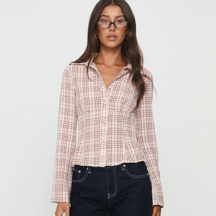Damen Taillierte karierte Blusejacke mit Korsagennaht und durchgehender Knopfleiste – Élovi