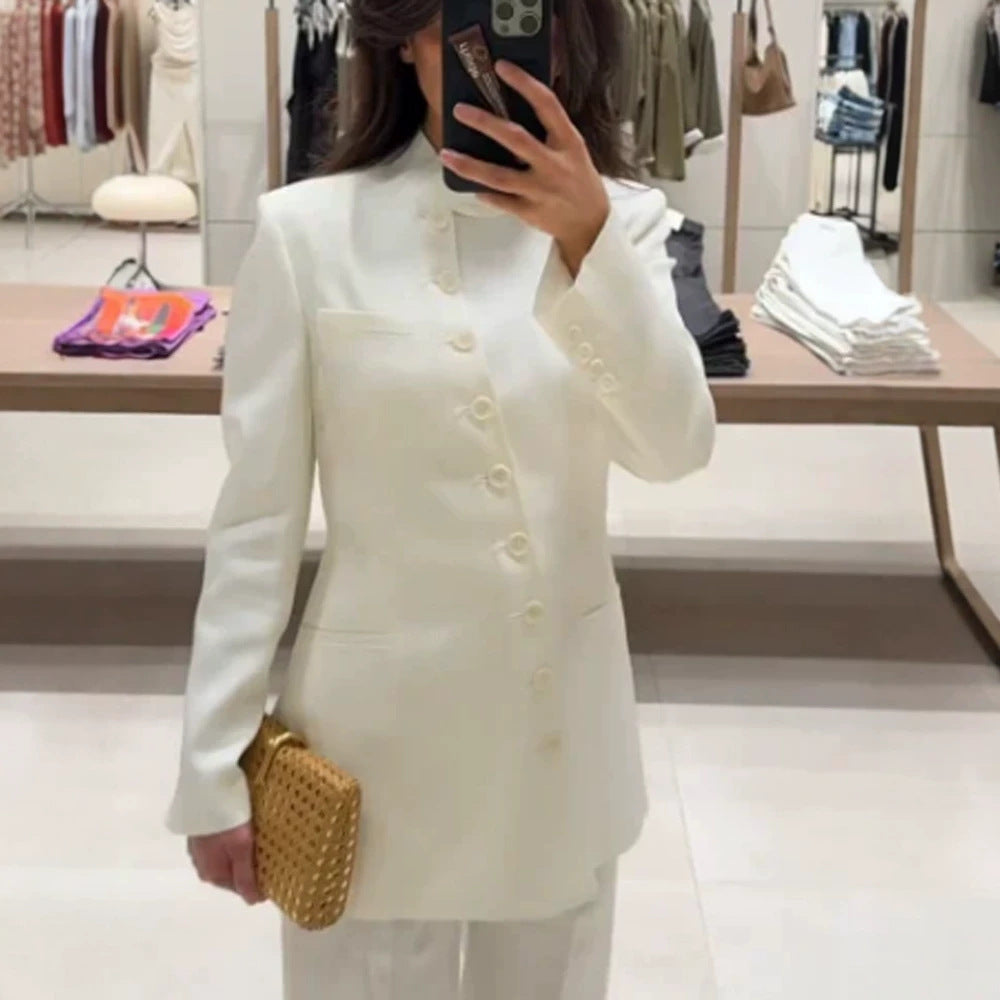 Damen Longline-Blazer mit Stehkragen und schmaler Silhouette Echoarchiv