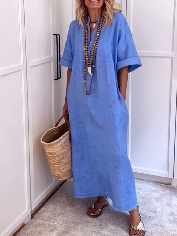 Damen Leinen Maxikleid mit V-Ausschnitt und praktischen Taschen – Valéora