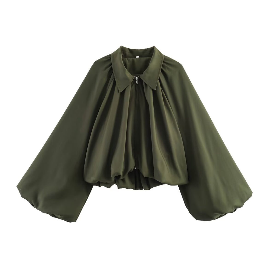 Damen Kurz geschnittene Blusenjacke mit weitem Ballonärmel und Reißverschluss Echo Archiv
