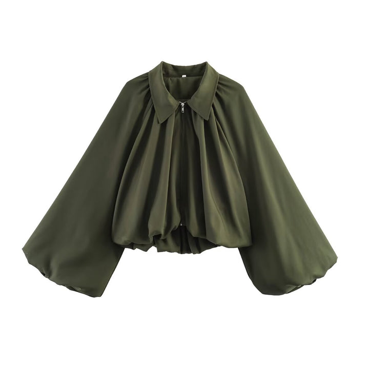 Damen Kurz geschnittene Blusenjacke mit weitem Ballonärmel und Reißverschluss Echo Archiv
