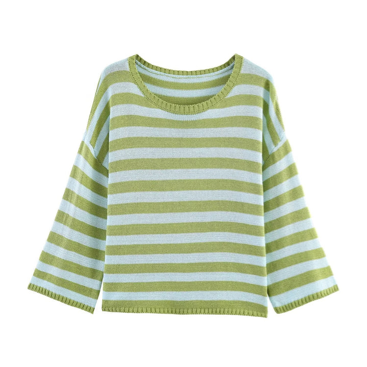 Damen Oversized Gestreifter Feinstrickpullover mit Rundhals und halblangen Ärmeln Echo Archiv