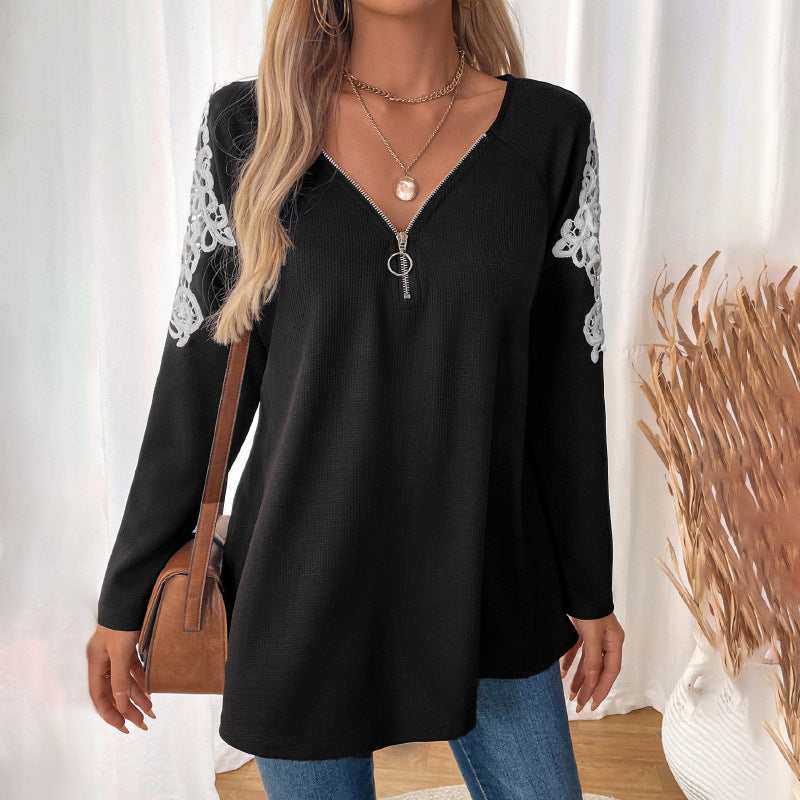 Damen Lässiges Longsleeve-Tunika-Shirt mit V‑Reißverschluss und Spitzenapplikation Echoarchiv