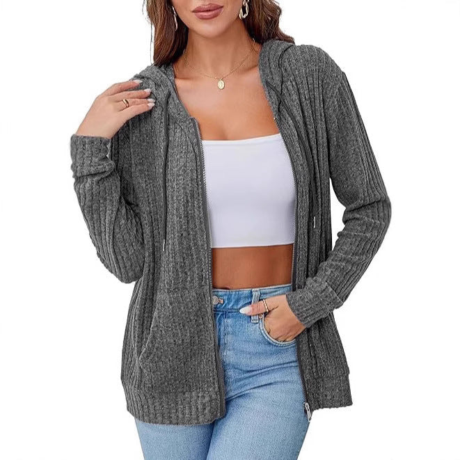 Damen Strick-Kapuzenjacke mit Reißverschluss, Waffelstruktur und Eingrifftaschen – Auréline