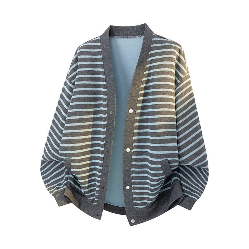 Damen Oversize-Streifencardigan mit Druckknopfleiste, Eingrifftaschen & Raglanärmeln Echoarchiv