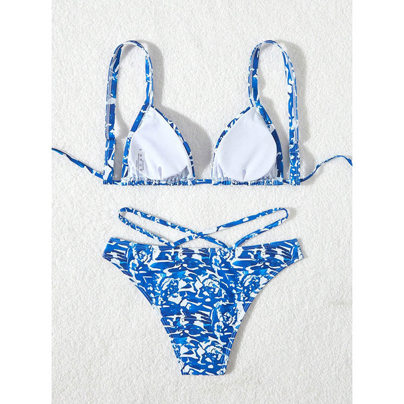 Damen Triangel-Bikini mit kreativem floralem Druck und verstellbaren Schnürdetails Echo Archiv