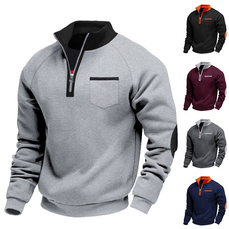 Herren Raglan-Halbzip-Sweatshirt mit Stehkragen, Brusttasche & Ellbogenapplikation – Marzano