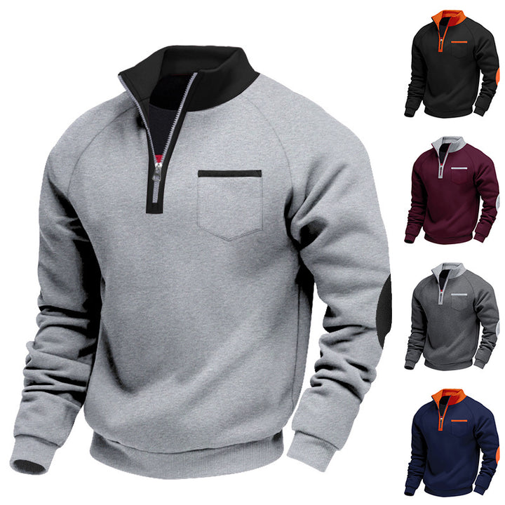 Herren Raglan-Halbzip-Sweatshirt mit Stehkragen, Brusttasche & Ellbogenapplikation – Marzano