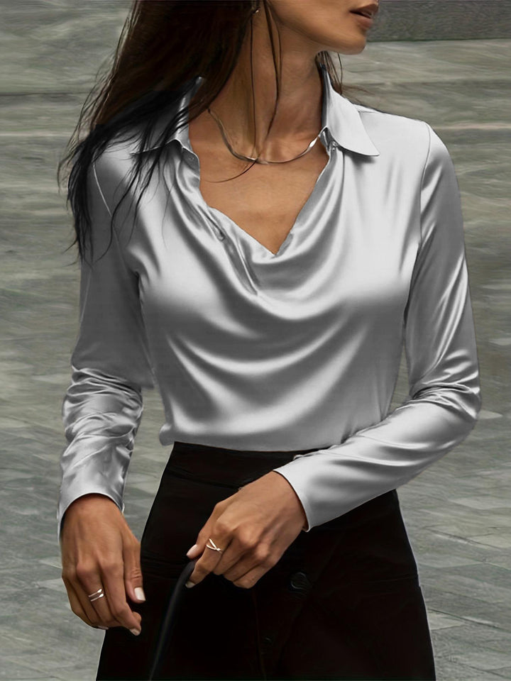 Damen Satinbluse mit Wasserfallkragen und Hemdkragen Echoarchiv