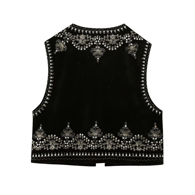 Damen Bestickte Samt-Cropped-Weste mit Perlen- und Paillettenbesatz Echoarchiv