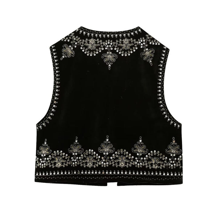 Damen Bestickte Samt-Cropped-Weste mit Perlen- und Paillettenbesatz Echoarchiv