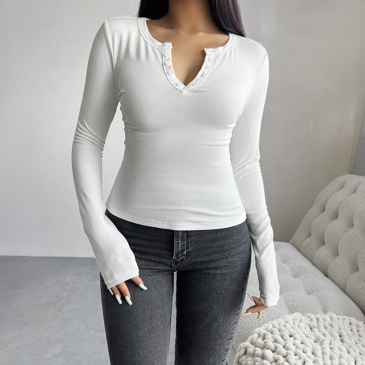 Damen tailliertes Henley-Longsleeve mit Stretchjersey und Daumenloch – Avérine