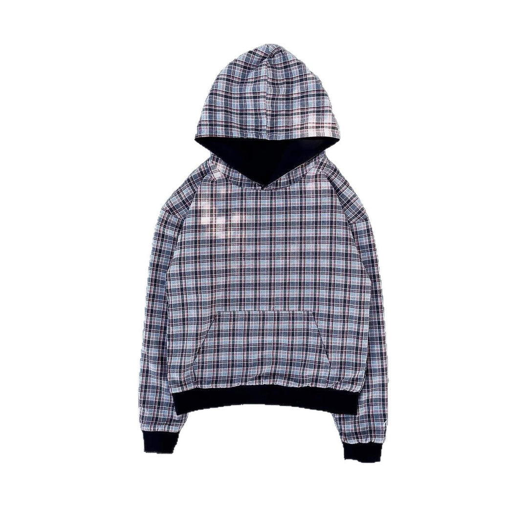Damen nan kurz geschnittenes Kapuzensweatshirt mit kariertem Flanellfutter und Kängurutasche Echo Archiv