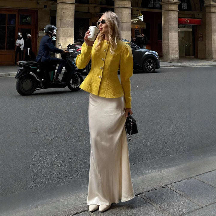 Damen Taillierter Bouclé-Peplum-Blazer mit Zierknöpfen Echoarchiv
