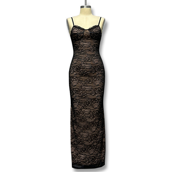 Damen Elegantes Spitzenmaxikleid mit tiefem Ausschnitt und enganliegender Silhouette Echo Archiv