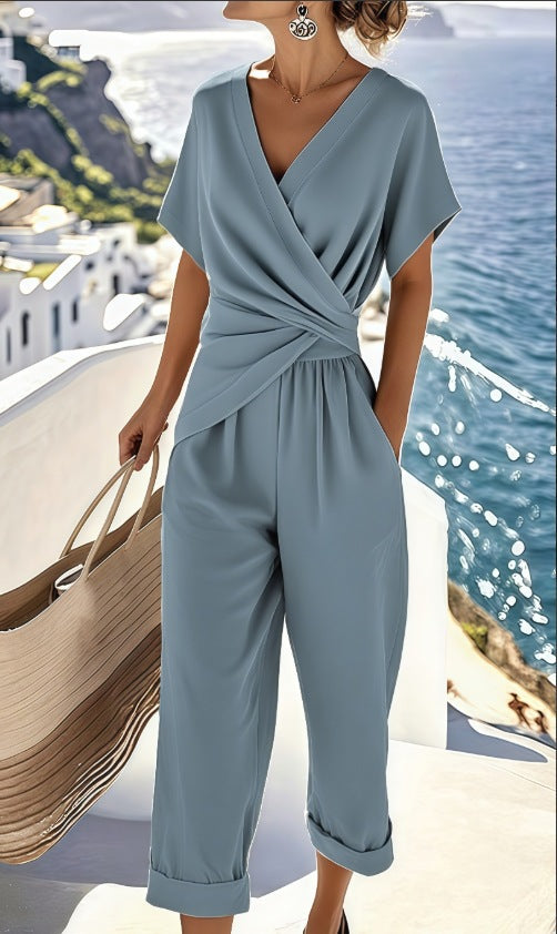 Damen Eleganter Jumpsuit mit Wickeloptik und breiten Beinen Echo Archiv
