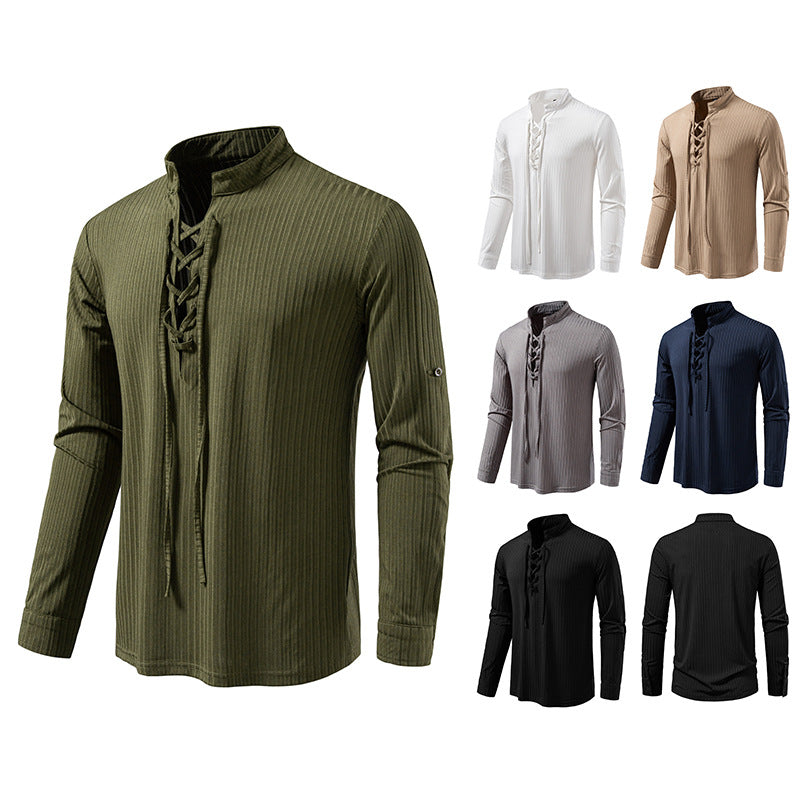 Herren Geripptes Langarm-Henleyshirt mit Schnürung und Stehkragen Echo Archiv