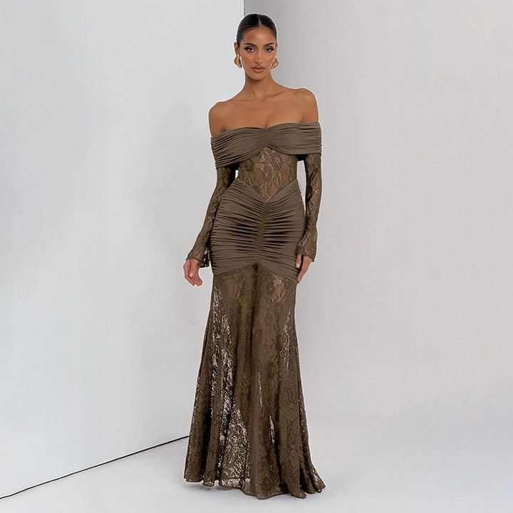 Damen Elegantes Langarm-Spitzenkleid mit Raffungen und schulterfreiem Design Echo Archiv