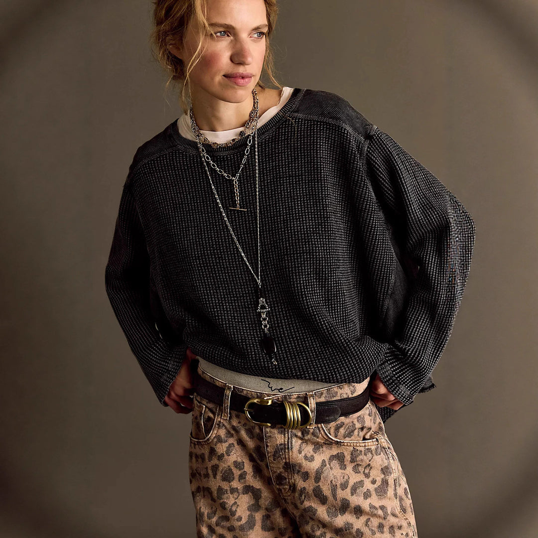 Damen Oversized Waffelstrick-Pullover mit weitem Schnitt und tiefem Raglan – Mavelle