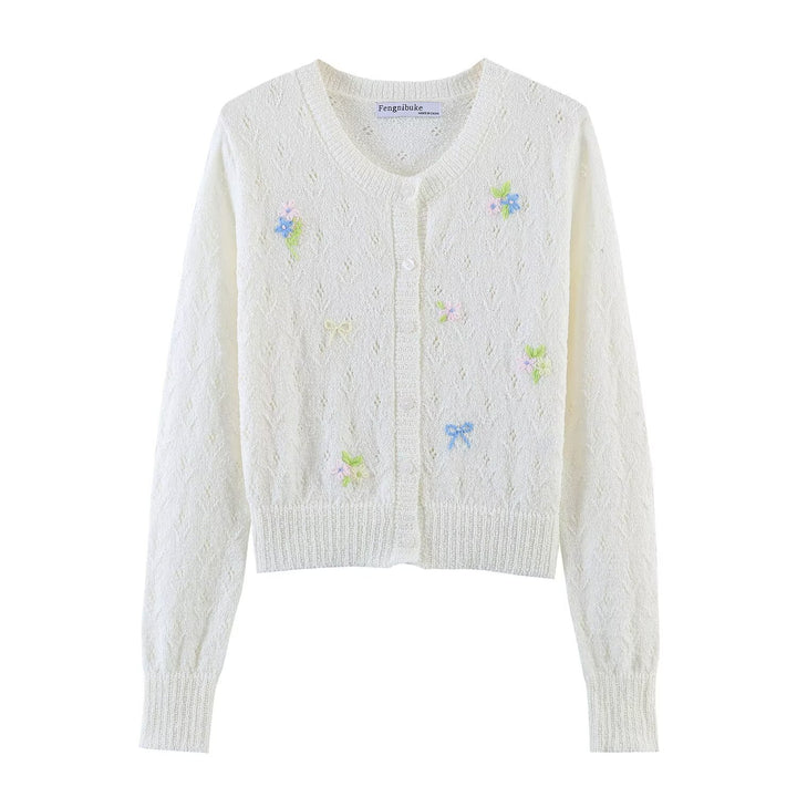 Damen Feiner Strick-Cardigan mit Blumenstickerei und tailliertem Saum Echoarchiv