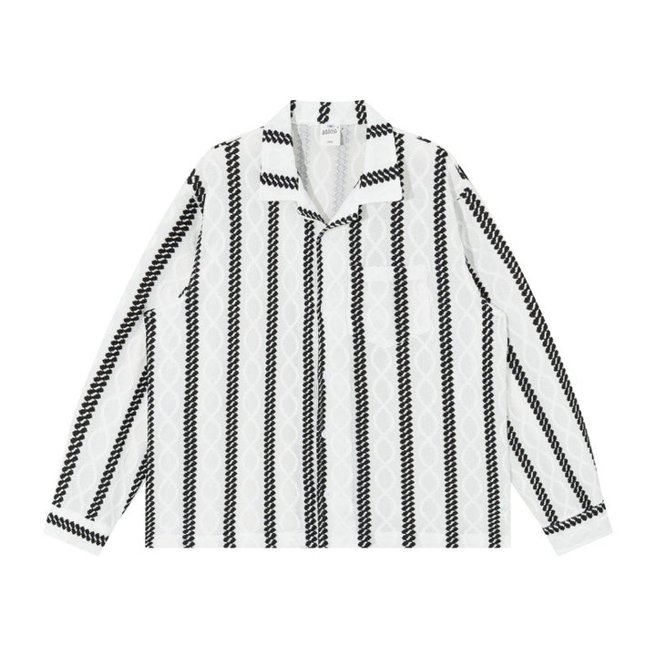 Unisex Leichte Hemdjacke mit Camp-Kragen, Relaxed‑Fit und vertikalem Zopfstreifenmuster Echoarchiv