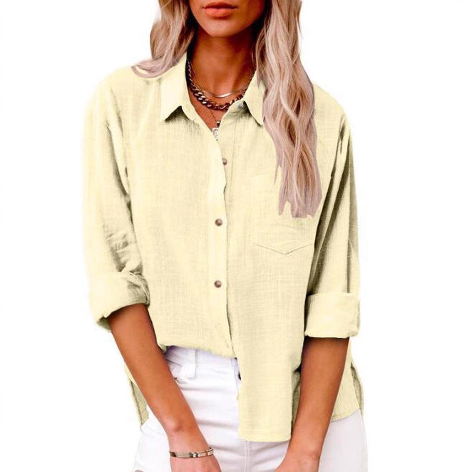 Damen lässige Leinenbluse mit kurzem Arm und Knopfdetails Echoarchiv
