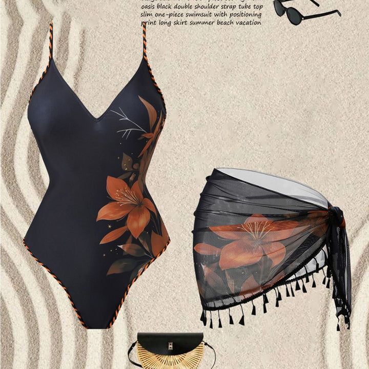 Damen Mode-Badeanzug mit floralem Design und transparentem Wickelrock Echo Archiv