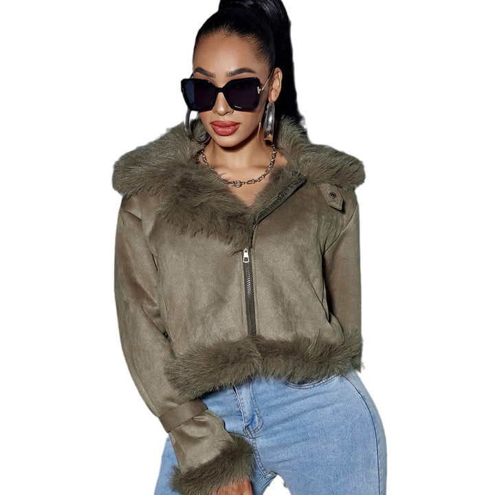 Damen Kurzjacke aus Wildlederoptik mit Fellbesatz, Kapuze & Reißverschluss – Célinea