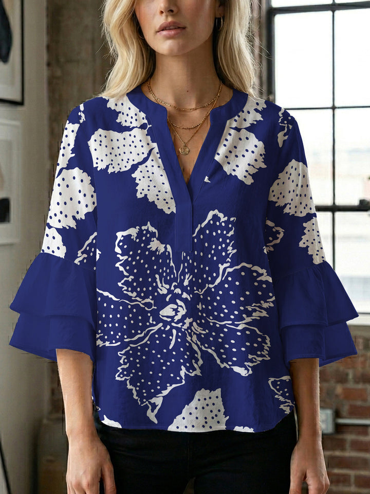 Damen elegantes Blusenshirt mit voluminösen Rüsenärmeln und grafischem Blumendesign Echo Archiv