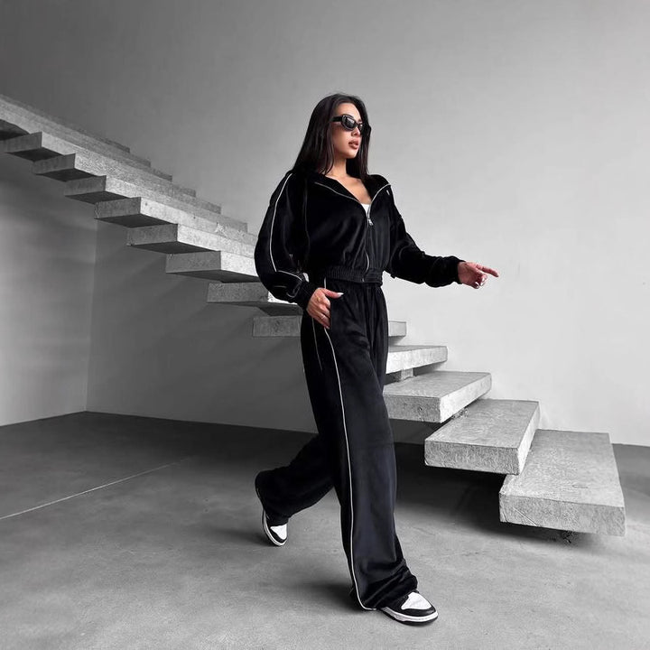 Damen Samt-Lounge-Set mit verkürzter Zip-Hoodie und weitem High-Waist Jogger – Auréline