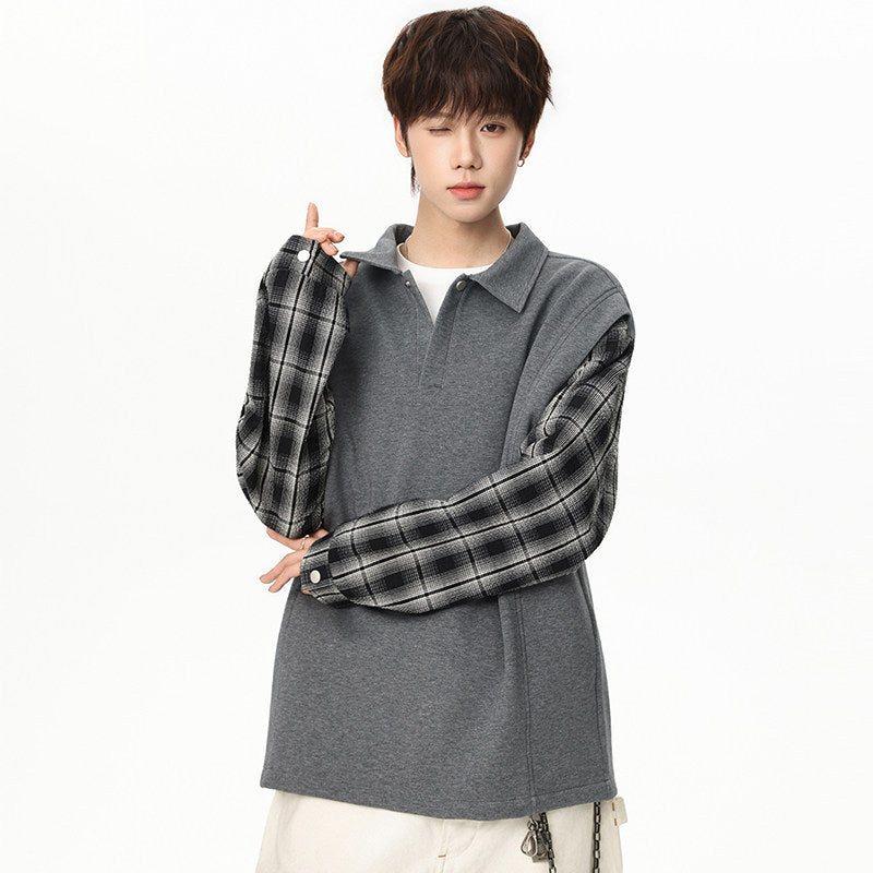Unisex Oversize-Pullover mit Polokragen und karierter Ärmelkonstruktion Echoarchiv