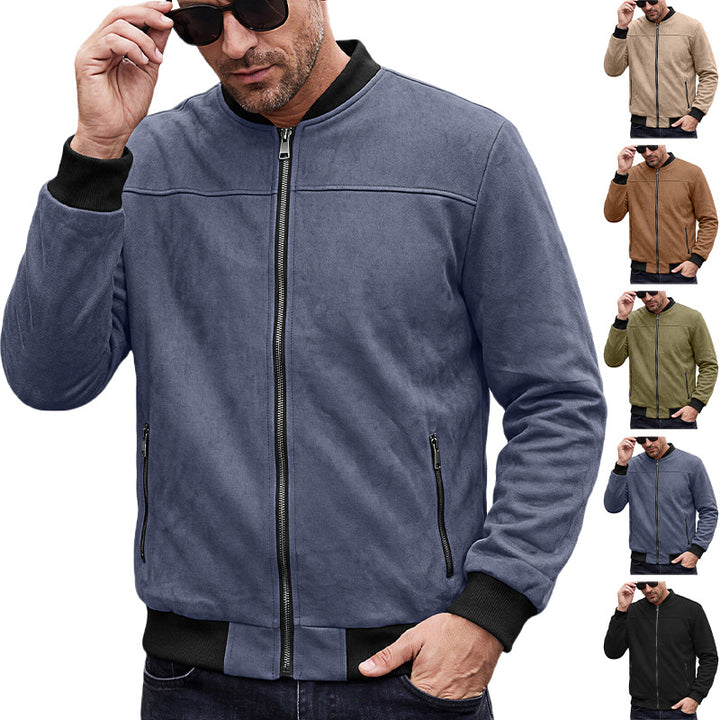 Herren Wildlederoptik Bomberjacke mit Rippenbündchen und Reißverschluss-Taschen – Brevano