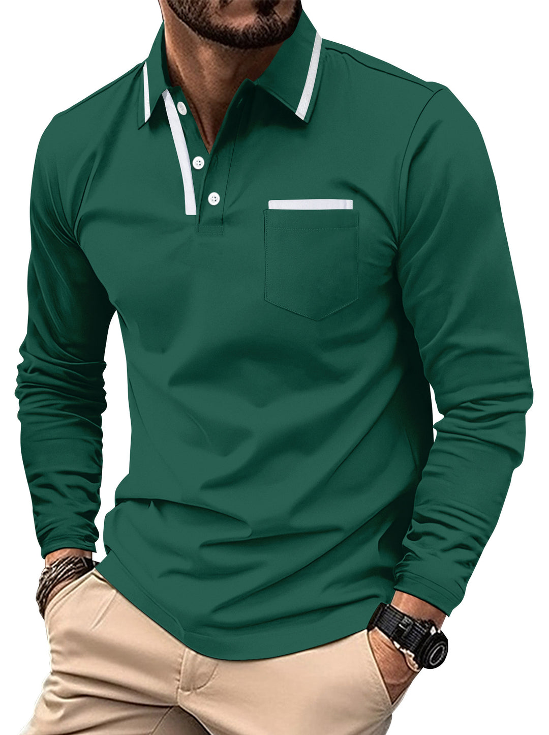 Herren Langarm Polohemd mit Eleganten Kontrastdetails Echoarchiv