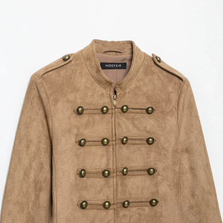 Damen Kurzjacke im Militärstil aus Veloursimitat mit Stehkragen, Epauletten und dekorativer Zierknopfleiste Echoarchiv
