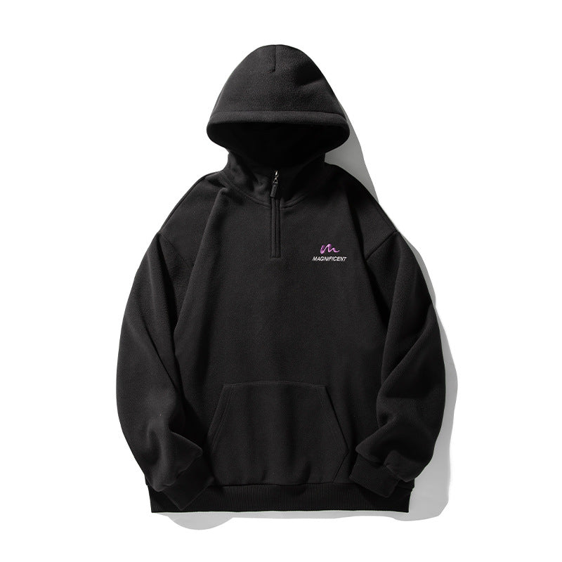 Unisex Fleece-Halbzip-Kapuzenpullover mit Kängurutasche und geripptem Saum Echo Archiv