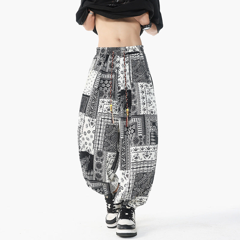 Damen nan lässige Pluderhose im Ethno-Print mit elastischem Bund, Kordelzug und gesmokten Bündchen Echo Archiv