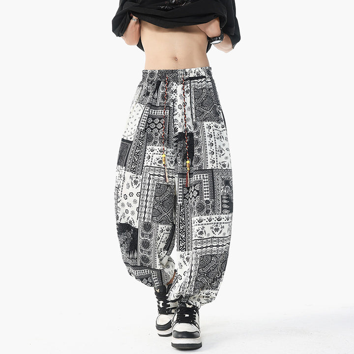 Damen nan lässige Pluderhose im Ethno-Print mit elastischem Bund, Kordelzug und gesmokten Bündchen Echo Archiv