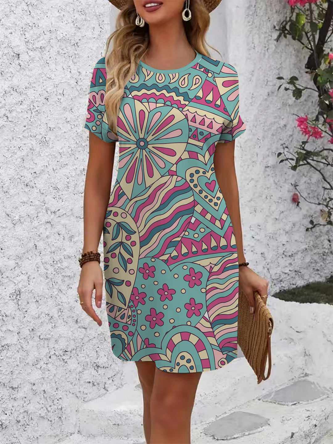 Damen lässiges Blümchenkleid mit Rundhalsausschnitt und lockerer Passform Echo Archiv