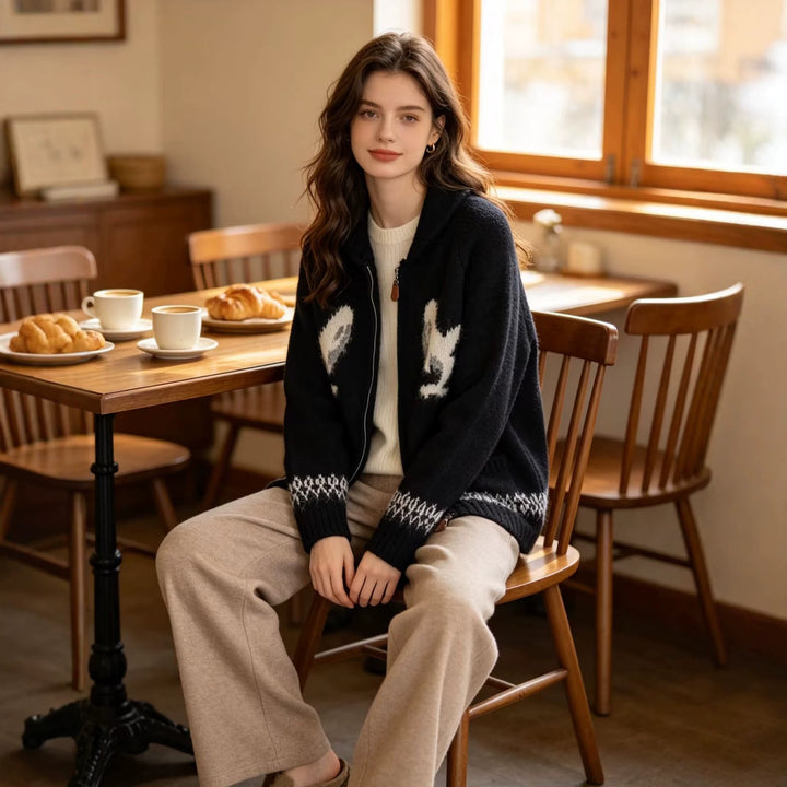 Damen Grobgestrickte Zip-Cardigan mit Schalkragen und Intarsienmotiv Echoarchiv