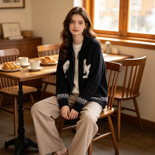 Damen Grobgestrickte Zip-Cardigan mit Schalkragen und Intarsienmotiv Echoarchiv