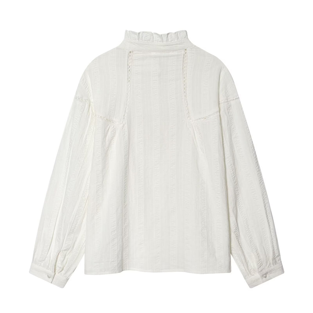 Damen Lockeres Vintage-Bluse mit Stehkragen, Spitzeinsätzen und Ballonärmeln Echo Archiv