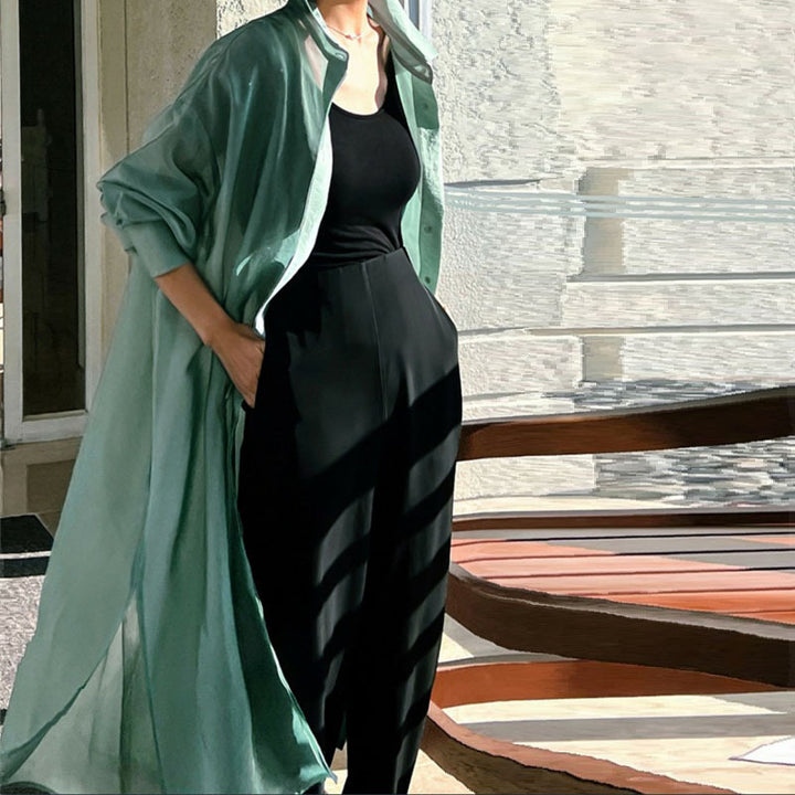 Damen Oversize Hemdblusen-Mantel mit Brusttasche, Seitenschlitz und fließender Leinenoptik – Maréline