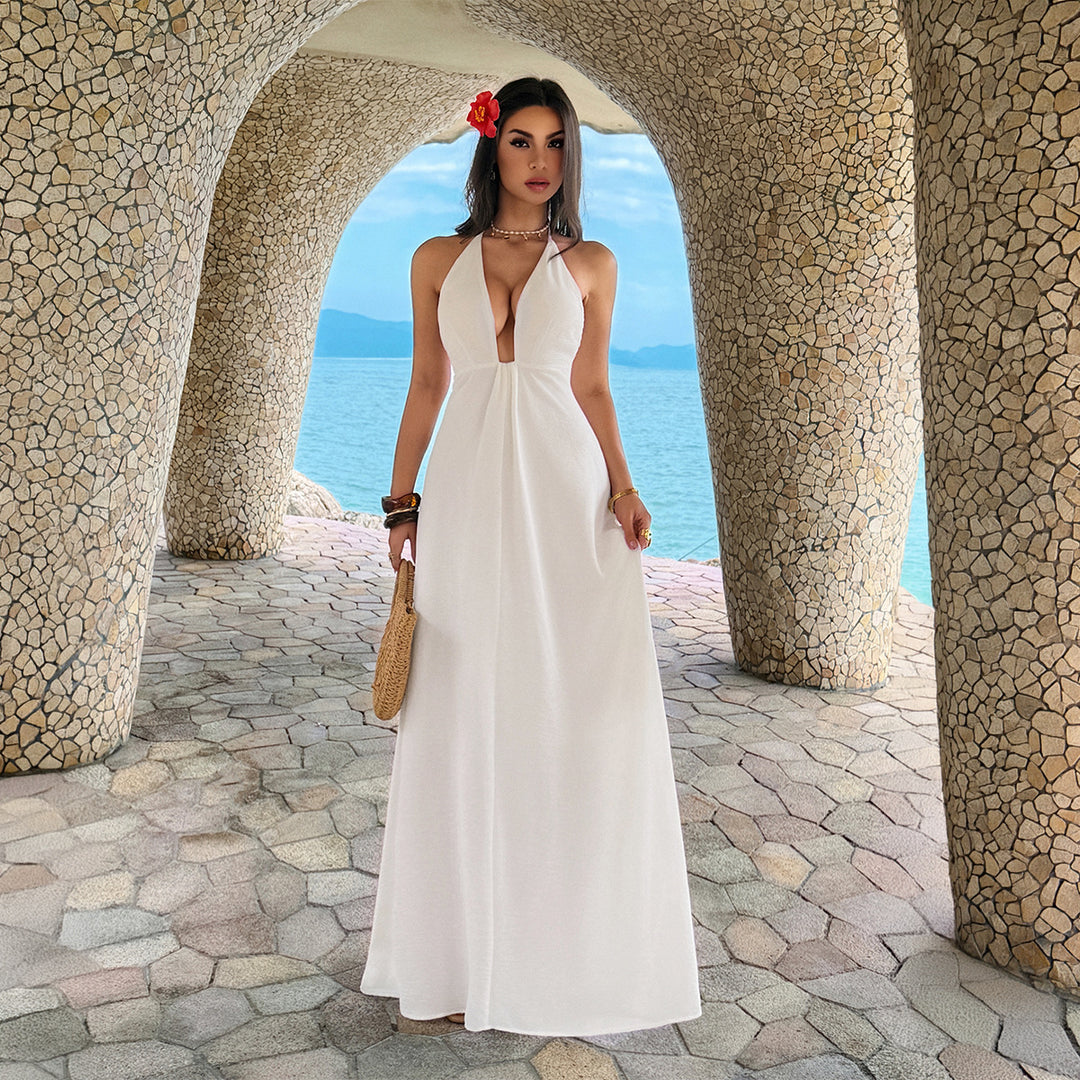 Damen Maxi-Urlaubs- und Strandkleid mit tiefem V-Ausschnitt und Rückenlöcher Echo Archiv