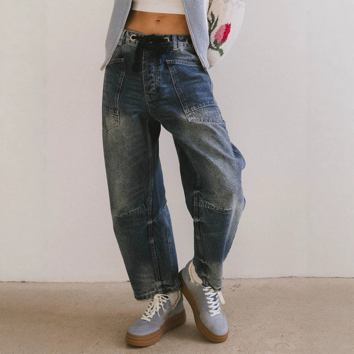 Damen nan lässige Cargo-Denim Culotte mit Kordelbund und großen aufgesetzten Taschen Echo Archiv