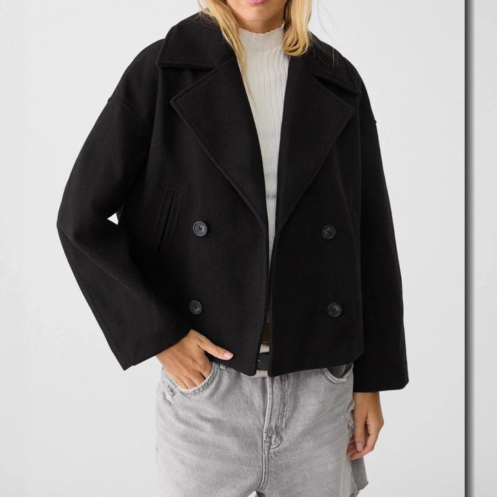 Damen nan kurz geschnittener Zweireiher Wollmix-Peacoat mit überbreitem Revers und kastiger Silhouette Echo Archiv