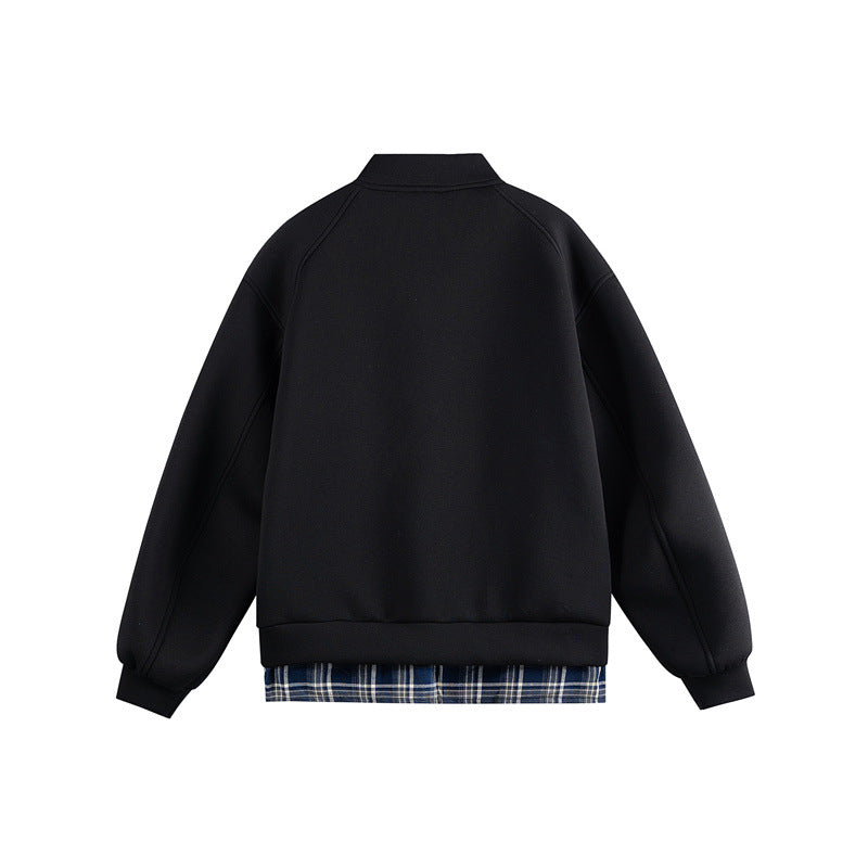 Damen Zwei‑in‑Eins Bomber‑Sweatjacke mit Karo‑Layer‑Einsatz und Stehkragen Echoarchiv