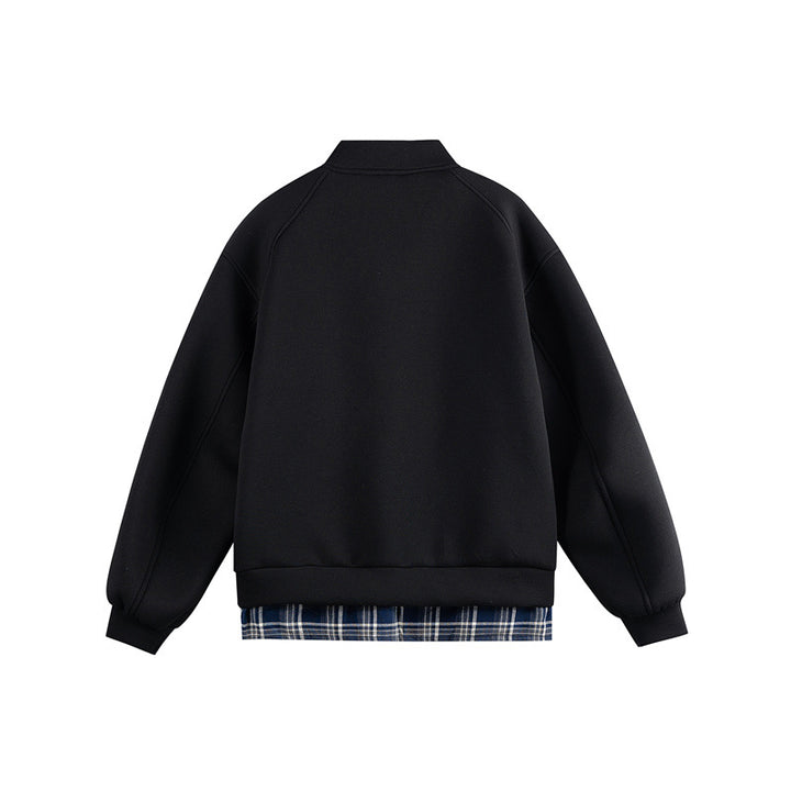 Damen Zwei‑in‑Eins Bomber‑Sweatjacke mit Karo‑Layer‑Einsatz und Stehkragen Echoarchiv
