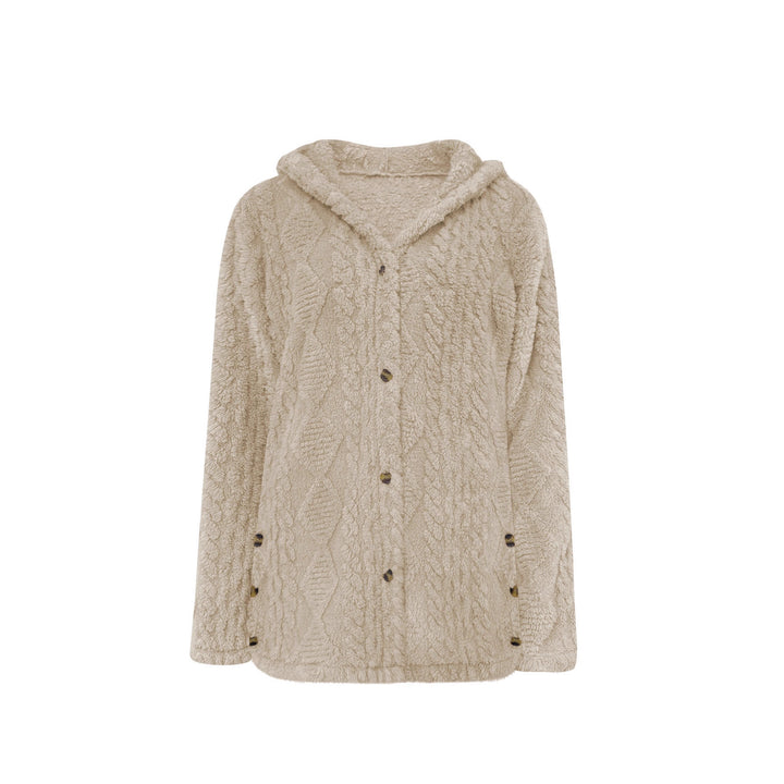 Damen Oversize Strickmantel mit Kapuze, Jacquard‑Struktur und Knopfleiste – Veloura