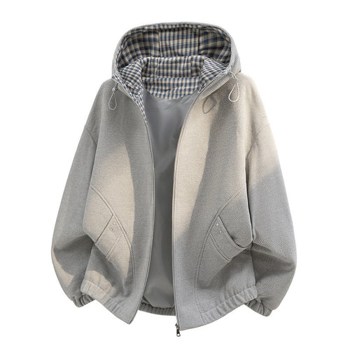 Damen Oversized Fleecejacke mit Kapuze und karierter Innenverkleidung – Célinea